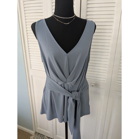 Express Top Womens L Textured Stretch Sleeveless Vneck Tucks Blue Peplum Sash - Picture 5 of 8